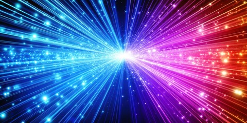 Poster - Radiant Burst of Colorful Light Rays in Dynamic Motion Showcasing Vibrant Energy and Elegance with Stars and Sparkles in a Dark Background