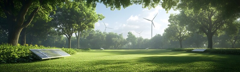 Aufkleber - A serene, green landscape featuring wind turbines, lush grass, and vibrant trees under a clear sky.
