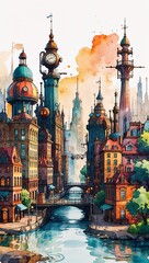 Wall Mural - Steampunk Inspired Victorian City watercolor in Fantasy Cityscape on plain white background