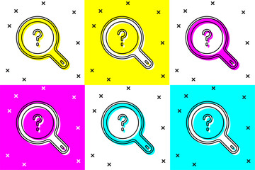 Poster - Set Unknown search icon isolated on color background. Magnifying glass and question mark. Vector