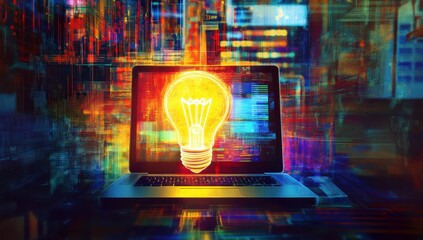 Poster - Vibrant Digital Art of a Laptop Displaying a Glowing Light Bulb Symbolizing Innovation and Creativity in a Technological Landscape