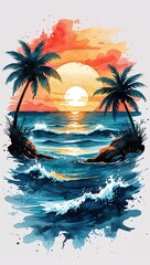 Wall Mural - Sunset Over the Ocean watercolor in Seascape on plain white background