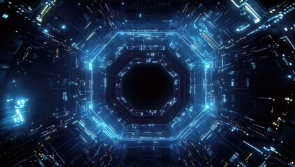 Poster - Futuristic Abstract Background with Bright Blue Lights and Technology Concepts in a Hexagonal Shape for Digital Designs