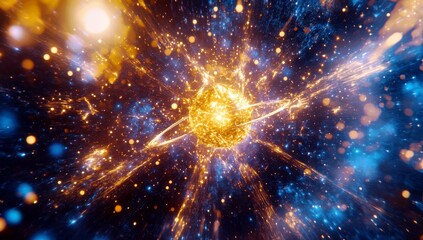 Poster - Abstract cosmic explosion of vibrant golden light with swirling energy and shimmering particles in a dark blue universe