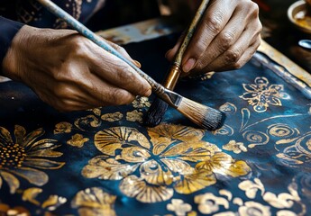 Poster - Skilled Artisans Hand Painting Intricate Floral Designs with Brushes on Dark Surface, Crafting Unique Decorative Art Pieces in a Traditional Workshop Setting