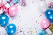 © MISHAL - Colorful balloons and gifts on white backdrop with confetti, birthday party banner design, copy space.