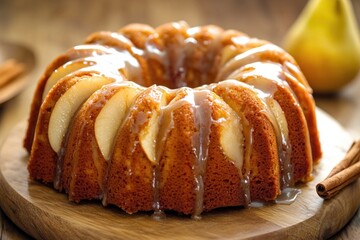 Wall Mural - Freshly baked bundt cake served with sliced apples and a sprinkle of cinnamon, perfect for breakfast or brunch