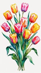 Wall Mural - Vibrant Tulips in Springtime watercolor in Dutch Floral on plain white background