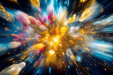 Poster - Colorful explosion of light and particles in a vibrant cosmic scenery showcasing energy and motion in an abstract artistic representation of beauty