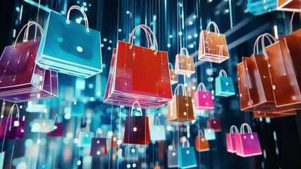 Poster - Many shopping bags falling down in a digital environment representing the concept of online shopping and e commerce, retail sales increasing during sales season like black friday or christmas