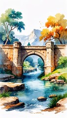 Wall Mural - Ancient Stone Bridge Over a River watercolor in Historical Landscape on plain white background