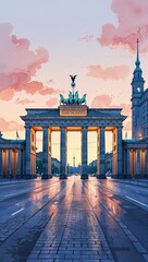 Wall Mural - Berlins Brandenburg Gate at Twilight watercolor in Historical Cityscape on plain white background