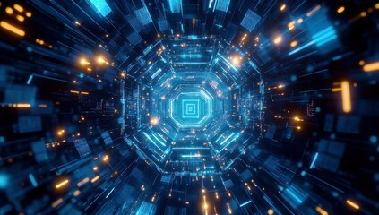 Poster - Futuristic abstract tunnel with luminous particles and glowing lines creating a vibrant digital atmosphere for technology and innovation concepts