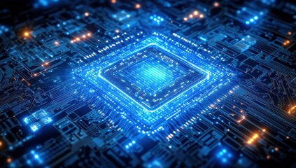 Poster - Futuristic Abstract Computer Circuit Board with Glowing Blue Lights and Central Processor on a Dark Background for Technology and Digital Innovation Themes