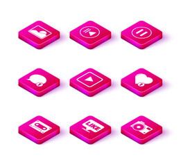 Poster - Set Retro audio cassette tape, Like in speech bubble, Speech chat, Play square, Photo camera, and heart, Pause button and Rewind icon. Vector