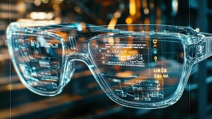 Poster - futuristic transparent glasses displaying augmented reality data and information, seamlessly merging