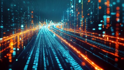 Poster - Vibrant Stream of Data with Glowing Lights, Abstract Technology Background for Digital Art, Web Design, and Data Visualization Projects