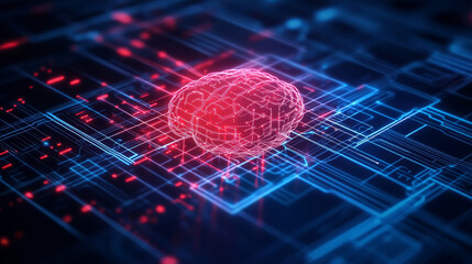 Poster - futuristic digital rendering of human brain surrounded by glowing circuitry, showcasing advanced technology and neural connections. vibrant colors create captivating visual experience