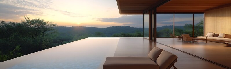 Fototapete - A modern, serene living space with an infinity pool overlooking a picturesque landscape at sunset.