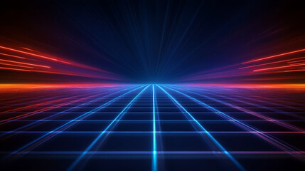 Poster - glowing colorful background with laser beams creating vibrant atmosphere. grid pattern adds depth, enhancing futuristic feel of scene
