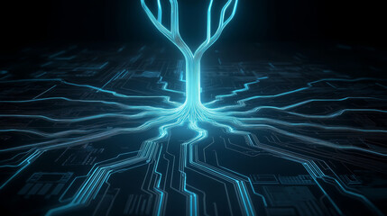 Aufkleber - glowing tree with luminescent branches, resembling circuit board, symbolizes fusion of nature and technology. intricate design evokes sense of wonder and innovation