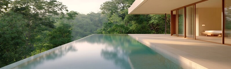 Aufkleber - A serene modern home with an infinity pool, surrounded by lush greenery, seamlessly blending nature and architecture.