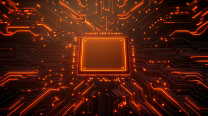 Poster - highly detailed shot of microchip surrounded by glowing circuitry, showcasing intricate patterns and vibrant orange lights. image evokes sense of advanced technology and innovation