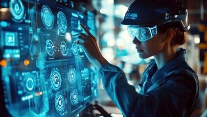 Poster - Female Engineer Interacting with Futuristic Digital Dashboard Technology in a High-Tech Industrial Environment