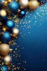 Poster - Blue and Gold Christmas Ornaments with Glittering Lights on a Soft Blue Background for Holiday Celebration Decoration