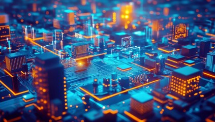 Poster - Futuristic Cityscape with Neon Lights and Technology Elements in an Abstract 3D Visualization of Urban Landscape