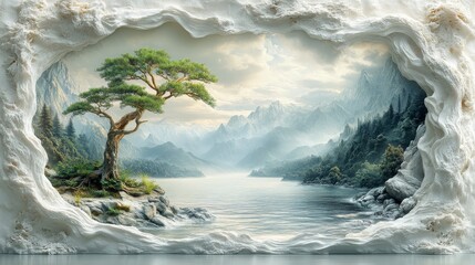 Poster - Ethereal Vista: A Serene Lake Scene Framed by Sculpted Stone, Featuring a Bonsai Tree and Mist-Shrouded Mountains in a Pale, Dreamlike Landscape