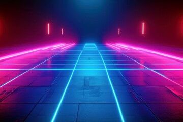 Poster - Neon Light Pathway with Vibrant Colors and Futuristic Design in a Dark Environment Suitable for Technology and Cyber Aesthetic Themes