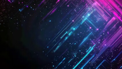 Poster - Vibrant Neon Lines and Sparkling Particles on Dark Background for Abstract Digital Art and Futuristic Design Concepts