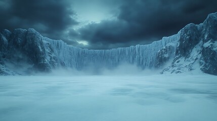 Poster - A vast, icy landscape featuring a towering glacier and dramatic, cloudy skies, evoking a sense of cold beauty and isolation.