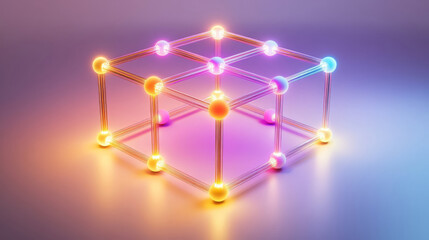 Poster - vibrant 3D rendering of multicolored cube with glowing edges and spheres, creating futuristic and dynamic visual effect. interplay of colors adds depth and intrigue