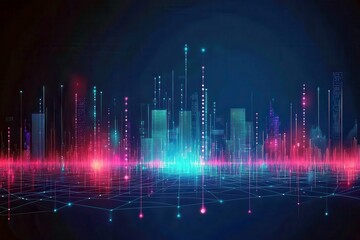 Poster - Futuristic Cityscape with Colorful Digital Waves, Data Visualization, and Illuminated Skyline in Vibrant Blue, Pink, and Green Tones