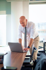 Wall Mural - Mid aged businessman standing at office desk and using his notebook