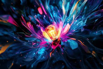 Poster - Vibrant Abstract Flower with Glowing Light Bulb at Center Amidst Colorful Swirls and Illuminated Petals in Dreamlike Fantasy Setting