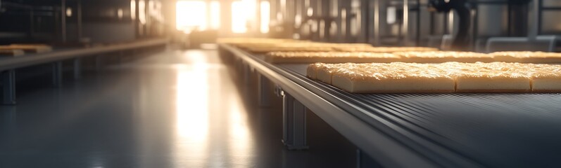 Poster - A bright industrial setting showcasing a conveyor belt filled with baked goods, emphasizing a modern manufacturing process in action.