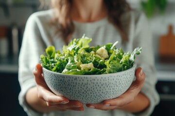 Wall Mural - A woman holding a bowl of salad in her hands