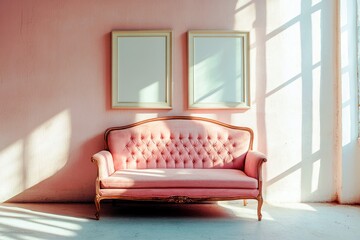 Poster - Elegant vintage pink sofa against a soft pastel wall with natural light casting shadows and empty frames ready for artwork or decoration display