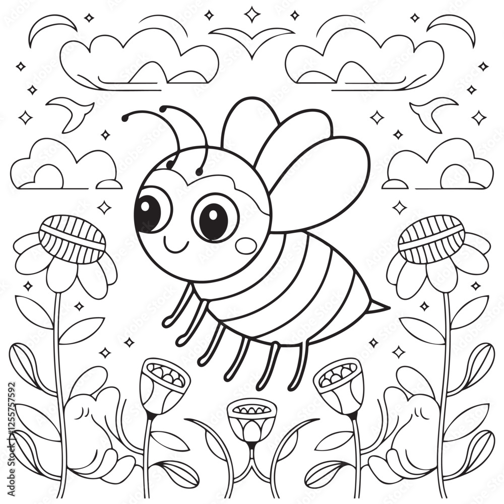 Cute kawaii cartoon character bee in the flower garden coloring page ...