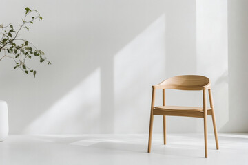 Minimalist wooden chair in a bright white room