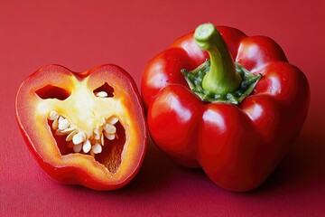 Sticker - A single red pepper and its cut half, on a neutral background