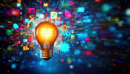 Poster - Illuminating Ideas and Creativity with Light Bulb Surrounded by Colorful Digital Icons and Symbols Representing Innovation and Technology Concepts