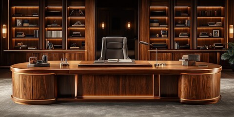 Poster - Elegant wooden office interior featuring a modern desk, bookshelves, and stylish lighting perfect for a professional workspace