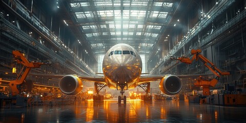 Poster - airplane in large assembly facility with robotic arms and workshop lights illuminating the surroundi