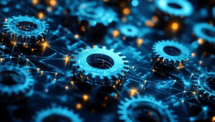 Fototapete - Futuristic Blue Gears and Digital Connections Representing Advanced Technology and Innovative Solutions in a Abstract Background
