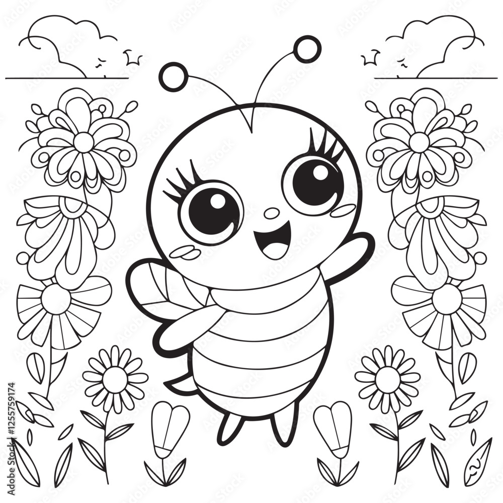 Cute kawaii cartoon character bee in the flower garden coloring page ...
