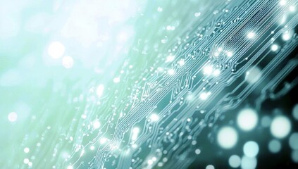 Fototapete - Abstract digital technology background featuring glowing circuits, lines, and bokeh elements in a soft color scheme, perfect for tech and innovation themes